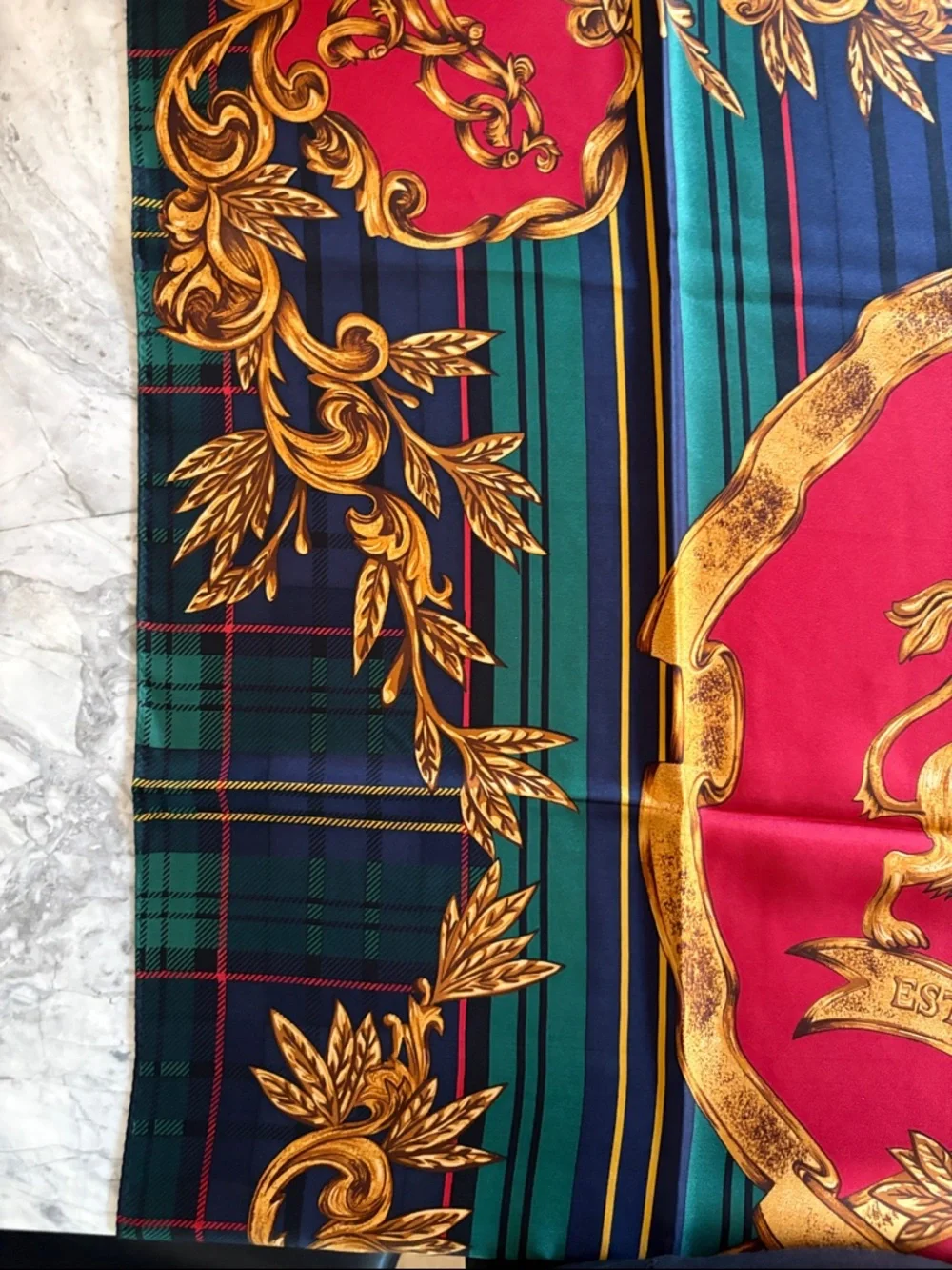 Vintage Ralph Lauren Gold and Red Double Lion Silk Scarf — Gold,NavyRed & Green